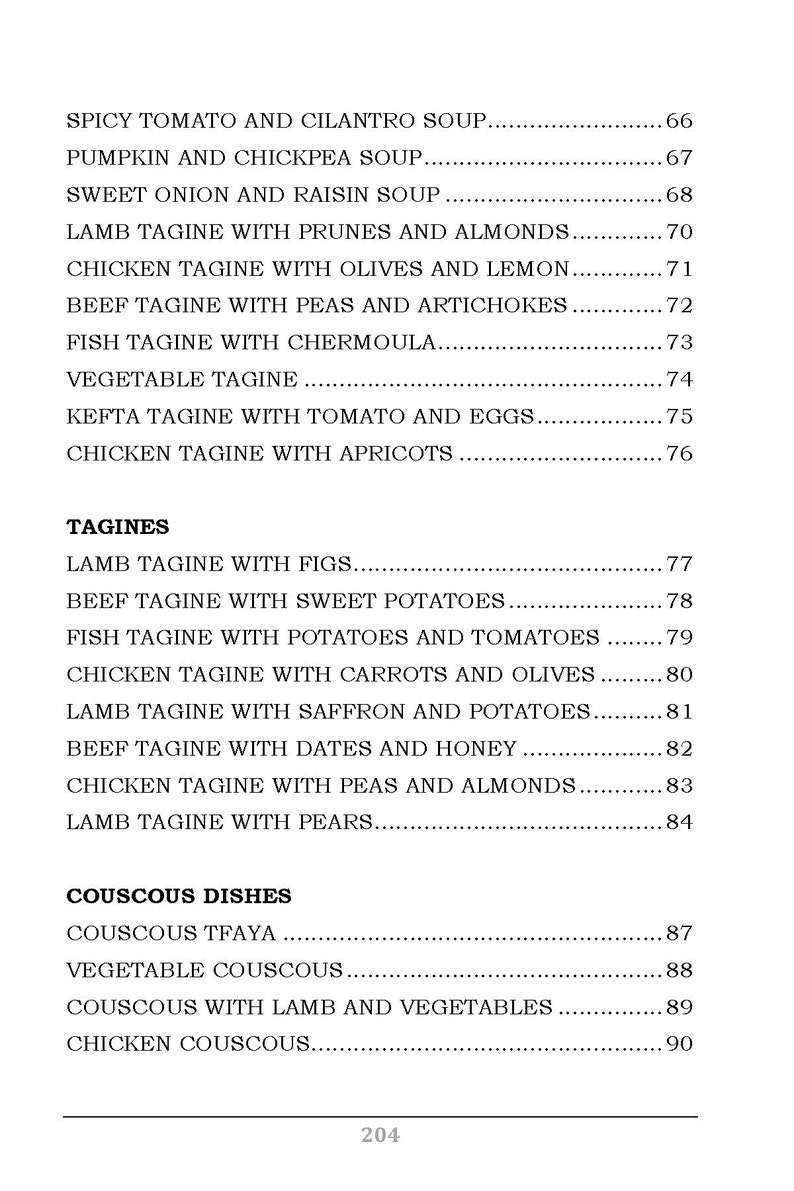 Op de afbeelding: Een pagina uit een kookboek met een lijst met recepten. De tekst bevat verschillende tajine- en couscousgerechten, zoals Lams-tajine met vijgen en Couscous Tfaya. Het paginanummer is 204.