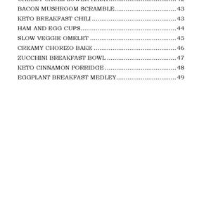 May include: A white page with the title "MORNING FAVORITES" and a list of breakfast recipes, including "Sausage Egg Casserole," "Cheesy Cauliflower Hash," and "Bacon Mushroom Scramble." Page numbers are listed on the right.