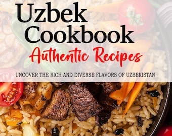 Peut inclure: Un gros plan d'une poêle remplie de plov ouzbek, un plat de riz traditionnel avec de la viande, des carottes et des oignons. Le texte "Uzbek Cookbook Authentic Recipes" et "Uncover the rich and diverse flavors of Uzbekistan" est affiché au-dessus de la poêle. Le texte "Nigora Safarova" est affiché en dessous de la poêle.