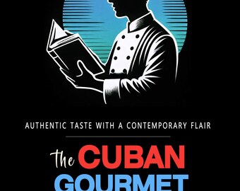 Peut inclure: Une illustration en noir et blanc d'un chef lisant un livre de cuisine. Le chef porte une toque blanche et une veste de chef blanche. Le livre de cuisine est ouvert à une page avec du texte. L'arrière-plan est un dégradé bleu et vert. Le texte sur la couverture indique "The Cuban Gourmet Cookbook" et "Authentic Taste with a Contemporary Flair". Le nom de l'auteur est "Paul Leroy".