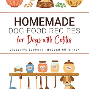 May include: An illustrated book cover with the title "HOMEMADE DOG FOOD RECIPES for Dogs with Colitis". The image features bowls of food, vegetables, and jars labeled "Chicken" and "Oats". A cartoon dog sits near a food bowl. The author's name is "Janet Johns".