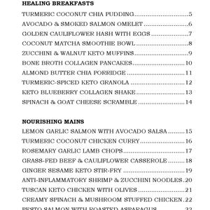 May include: A black and white list of recipes for healing breakfasts and nourishing mains. The list includes recipes like Turmeric Coconut Chia Pudding, Avocado & Smoked Salmon Omelet, Lemon Garlic Salmon with Avocado Salsa, and Turmeric Coconut Chicken Curry.