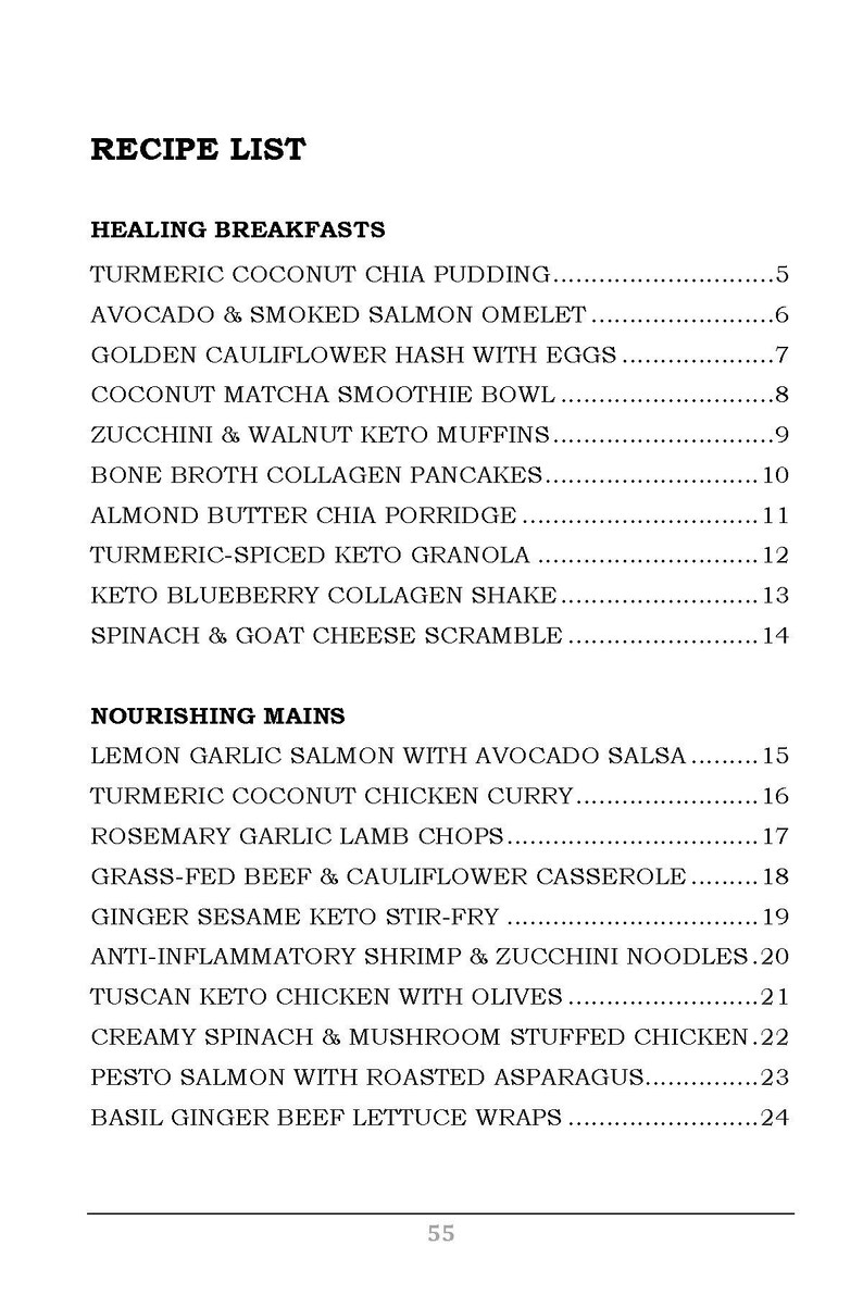May include: A black and white list of recipes for healing breakfasts and nourishing mains. The list includes recipes like Turmeric Coconut Chia Pudding, Avocado & Smoked Salmon Omelet, Lemon Garlic Salmon with Avocado Salsa, and Turmeric Coconut Chicken Curry.