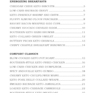 Pode incluir: Uma lista em preto e branco de receitas keto com t&iacute;tulos e n&uacute;meros. A lista est&aacute; dividida em duas se&ccedil;&otilde;es: Pequenos-almo&ccedil;os energ&eacute;ticos e Cl&aacute;ssicos reconfortantes.