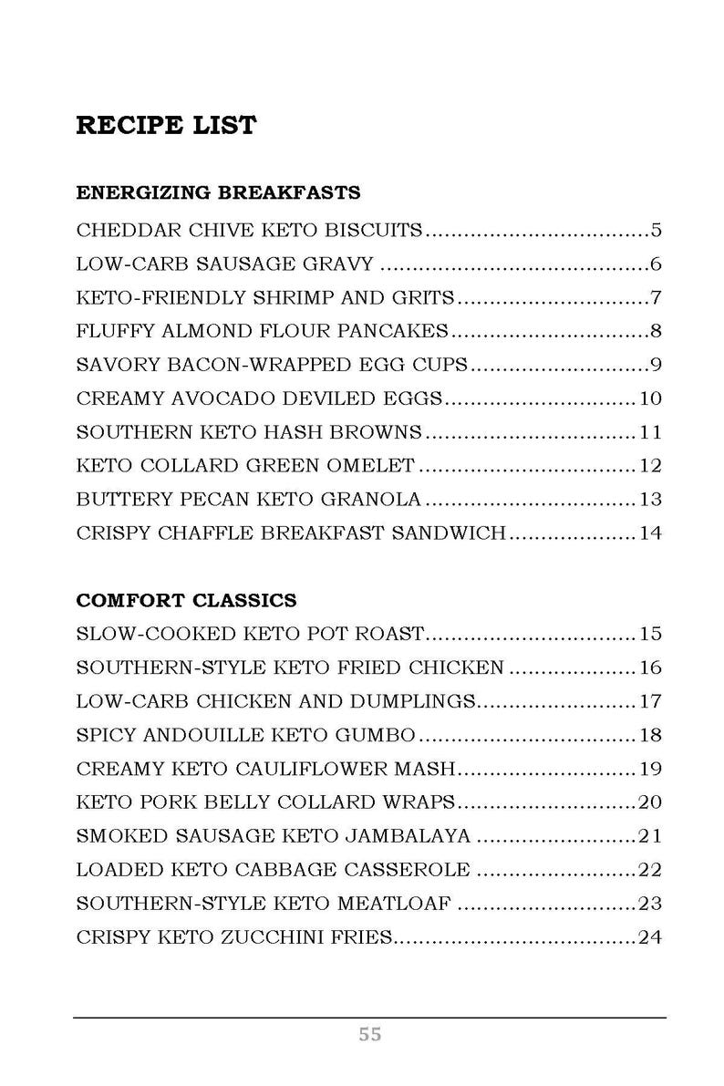 Pode incluir: Uma lista em preto e branco de receitas keto com t&iacute;tulos e n&uacute;meros. A lista est&aacute; dividida em duas se&ccedil;&otilde;es: Pequenos-almo&ccedil;os energ&eacute;ticos e Cl&aacute;ssicos reconfortantes.