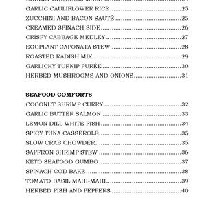May include: A page from a cookbook with two sections: "Low-Carb Sides" and "Seafood Comforts." The "Low-Carb Sides" section lists various recipes, and the "Seafood Comforts" section lists seafood dishes. The page number is 51.
