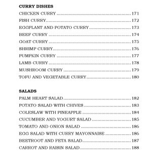K&ouml;nnte beinhalten: Eine Speisekarte mit verschiedenen Currygerichten und Salaten mit ihren entsprechenden Preisen. Die Speisekarte umfasst Optionen wie Chicken Curry, Fish Curry, Auberginen-Kartoffel-Curry und Palmherzensalat.