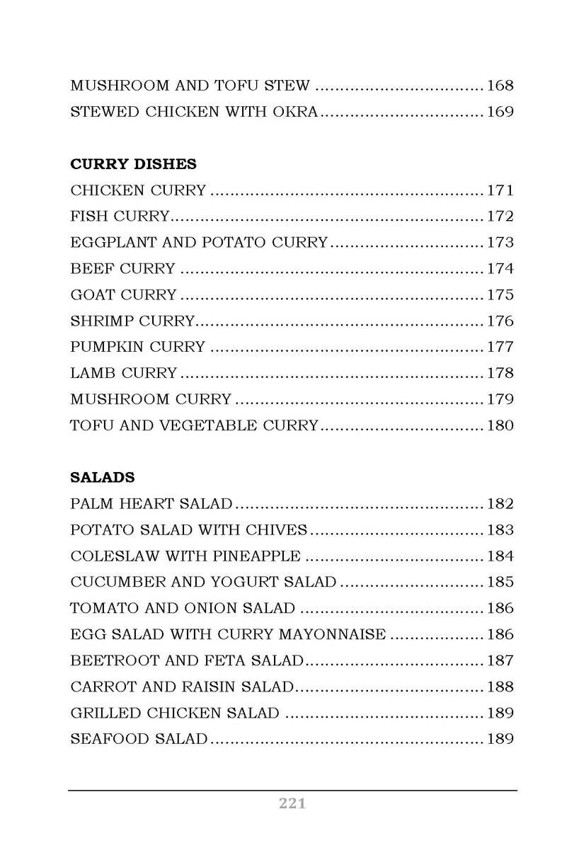 K&ouml;nnte beinhalten: Eine Speisekarte mit verschiedenen Currygerichten und Salaten mit ihren entsprechenden Preisen. Die Speisekarte umfasst Optionen wie Chicken Curry, Fish Curry, Auberginen-Kartoffel-Curry und Palmherzensalat.