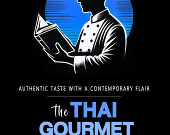 May include: A black and white illustration of a chef reading a cookbook. The chef is wearing a white chef's hat and a white shirt with black buttons. The chef is standing in front of a blue circle with white stripes. The text "The Thai Gourmet Cookbook" is written in blue letters below the illustration. The text "Authentic Taste with a Contemporary Flair" is written in white letters above the illustration. The text "Niran Pradit" is written in white letters below the text "The Thai Gourmet Cookbook".