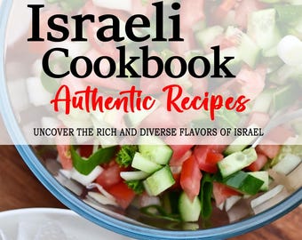 May include: A cookbook titled "Israeli Cookbook Authentic Recipes" with a subtitle "Uncover the rich and diverse flavours of Israel". The cover features a bowl of chopped vegetables, including tomatoes, cucumbers, onions, and parsley. The cookbook is by Noa M. Cohen.