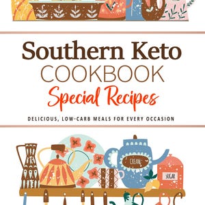 Pode incluir: Uma capa de livro de receitas com o t&iacute;tulo "Southern Keto Cookbook" e as palavras "Receitas especiais" em vermelho. A capa apresenta uma cena de cozinha vintage com utens&iacute;lios de cozinha coloridos. O nome do autor, Janet Johns, est&aacute; na parte inferior da capa.