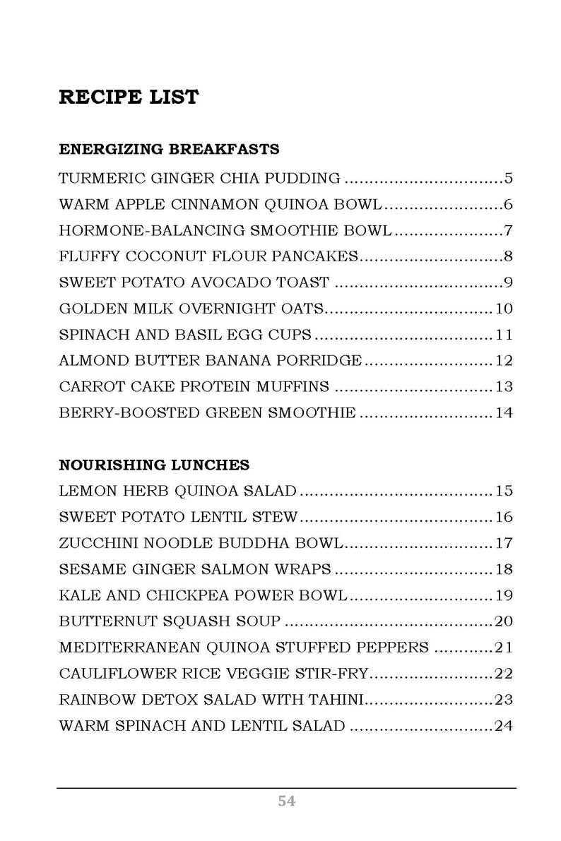 May include: A black and white list of energizing breakfast and nourishing lunch recipes. The list includes recipes such as turmeric ginger chia pudding, warm apple cinnamon quinoa bowl, sweet potato lentil stew, and zucchini noodle buddha bowl.