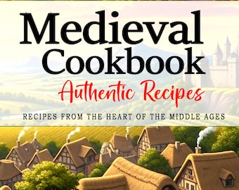 May include: A book cover for a cookbook titled "Medieval Cookbook" with the subtitle "Authentic Recipes." The cover features illustrations of a medieval landscape, castle, and village. The author's name is Iris Brant.