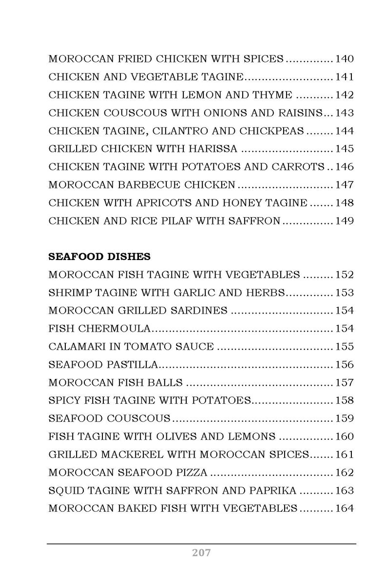 Op de afbeelding: Een pagina uit een kookboek met een lijst van Marokkaanse gerechten. Het menu bevat kip tajine, couscous en zeevruchten zoals vis tajine en gegrilde sardines. Paginanummer 207 staat onderaan.