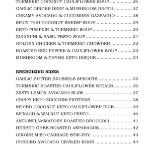 May include: A black and white menu with the title "Soothing Soups" and "Energizing Sides". The menu lists a variety of soup and side dish options with their corresponding prices.