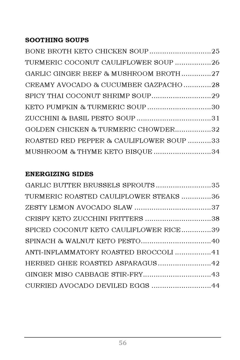 May include: A black and white menu with the title "Soothing Soups" and "Energizing Sides". The menu lists a variety of soup and side dish options with their corresponding prices.