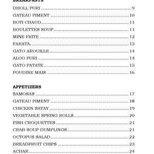 K&ouml;nnte beinhalten: Eine schwarz-wei&szlig;e Liste von Fr&uuml;hst&uuml;cks- und Vorspeisenrezepten mit entsprechenden Nummern. Die Liste enth&auml;lt Gerichte wie Dholl Puri, Gato Arouille, Samosas und Brotfruchtchips.