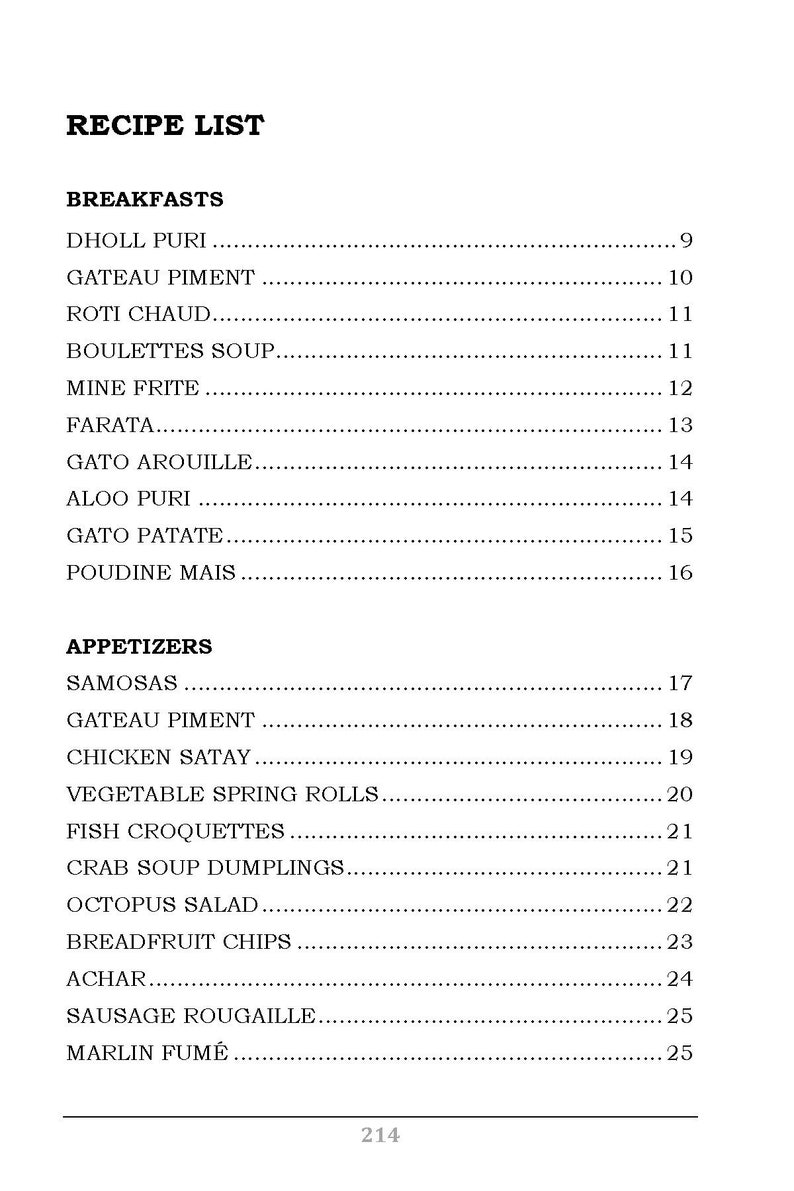 K&ouml;nnte beinhalten: Eine schwarz-wei&szlig;e Liste von Fr&uuml;hst&uuml;cks- und Vorspeisenrezepten mit entsprechenden Nummern. Die Liste enth&auml;lt Gerichte wie Dholl Puri, Gato Arouille, Samosas und Brotfruchtchips.