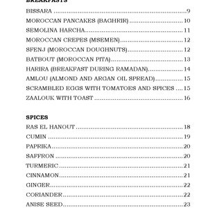 Op de afbeelding: Een receptenlijst met de titel "RECIPE LIST". Het is verdeeld in de categorie&euml;n "BREAKFASTS" en "SPICES". Ontbijtgerechten zijn Marokkaanse pannenkoeken en roereieren. Specerijen zijn komijn en saffraan.