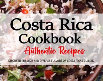 May include: A cookbook cover featuring a close-up of a bowl of rice with red beans, red bell peppers, and parsley. The text on the cover reads "Costa Rica Cookbook Authentic Recipes Discover the rich and diverse flavors of Costa Rican cuisine Isabel F. Vargas".