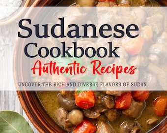 May include: A close-up of a brown bowl filled with a Sudanese stew. The stew contains meat, carrots, and mushrooms. The bowl is on a wooden surface with a bay leaf and black peppercorns. The text "Sudanese Cookbook Authentic Recipes" and "UNCOVER THE RICH AND DIVERSE FLAVORS OF SUDAN" is displayed on the image. The text "NOURA L. IDRIS" is displayed at the bottom of the image.