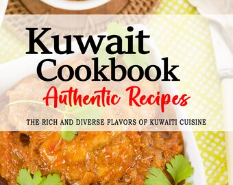 May include: A cookbook titled "Kuwait Cookbook: Authentic Recipes" with a subtitle "The Rich and Diverse Flavors of Kuwaiti Cuisine". The cover features a close-up of a white bowl filled with a red and orange stew topped with fresh green parsley. The author's name, "REEM AL-MUTAIRI", is printed in black at the bottom of the cover.
