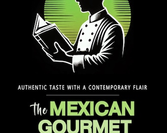 May include: A black and white illustration of a chef reading a cookbook. The chef is wearing a white toque and a chef's jacket. The background is a green circle with a sunburst pattern. The text "The Mexican Gourmet Cookbook" is written in green letters below the illustration. The author's name, "Raúl Vargas", is written in white letters at the bottom of the image.