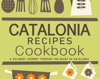 May include: A cookbook cover with the title "Catalonia Recipes Cookbook" and the subtitle "A Culinary Journey Through the Heart of Catalonia". The cover features a green background with a row of kitchen utensils hanging from a brown bar, a white teapot with a brown handle and a floral design, and a stack of brown and white ceramic cookware with floral designs. The author's name, "Clara Pujol", is printed in brown text at the bottom of the cover.