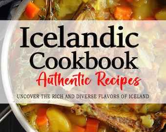 Può includere: Primo piano di una pentola di zuppa di agnello islandese con verdure, tra cui carote, patate e cavolo. La zuppa è in una pentola d'argento e il testo "Icelandic Cookbook Authentic Recipes Uncover the rich and diverse flavours of Iceland Katrin J. Ross" è su uno striscione bianco.