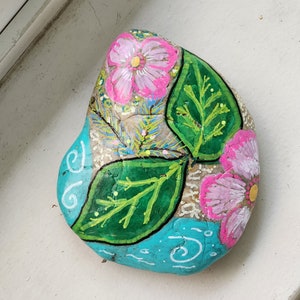 Calming Spring floral hand painted rock/ unique gift/ bathroom decor/ garden stone/ original art/ handpainted/ nature inspired
