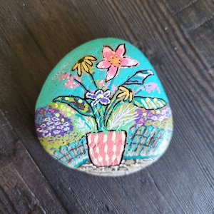 Floral painted rock/ original art/handpainted/ Unique gift/ painted stone/ garden/ nature inspired