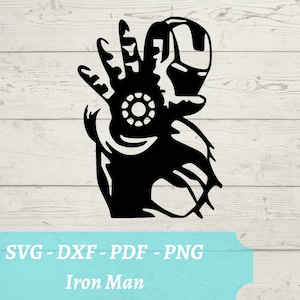 May include: Black and white silhouette of Iron Man with his hand raised, showing the repulsor beam. The image is on a woodgrain background.