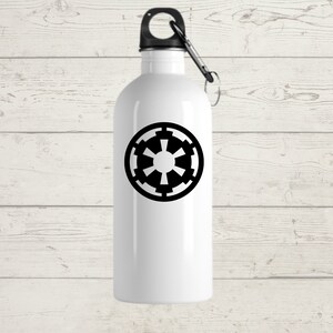 May include: White water bottle with a black Imperial symbol. The bottle has a black carabiner clip attached to the top. The design is a black and white graphic on a white background.