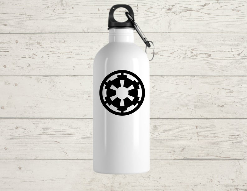 May include: White water bottle with a black Imperial symbol. The bottle has a black carabiner clip attached to the top. The design is a black and white graphic on a white background.