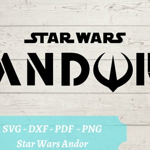 以下が含まれることがあります： スター・ウォーズ・アンドールのロゴの白黒のグラフィックデザイン。ロゴは「スター・ウォーズ」というテキストを「アンドール」というテキストの上に配置し、2つのテキストの間にスタイリッシュなシンボルを配置しています。