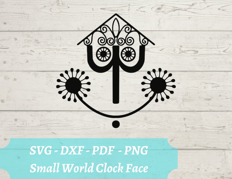 May include: Black and white silhouette of the Small World clock face, featuring a stylized house with a pointed roof and two flower-like designs on either side.