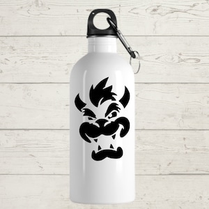May include: A white stainless steel water bottle with a black cartoon character face on the front. The character has a mustache, horns, and a mischievous expression.