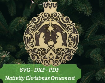 Christmas Nativity Ornament, SVG Laser Cut File, Silent Night Wood Ornament, Download Digital File for glowforge