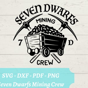 7 人の小人の採掘クルー SVG - 白雪姫 7 人の小人の採掘 デジタル ファイル - svg、dxf、pdf、png つるはしとカート