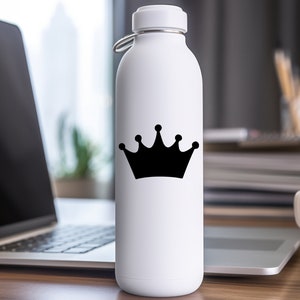 May include: White water bottle with a black crown design.