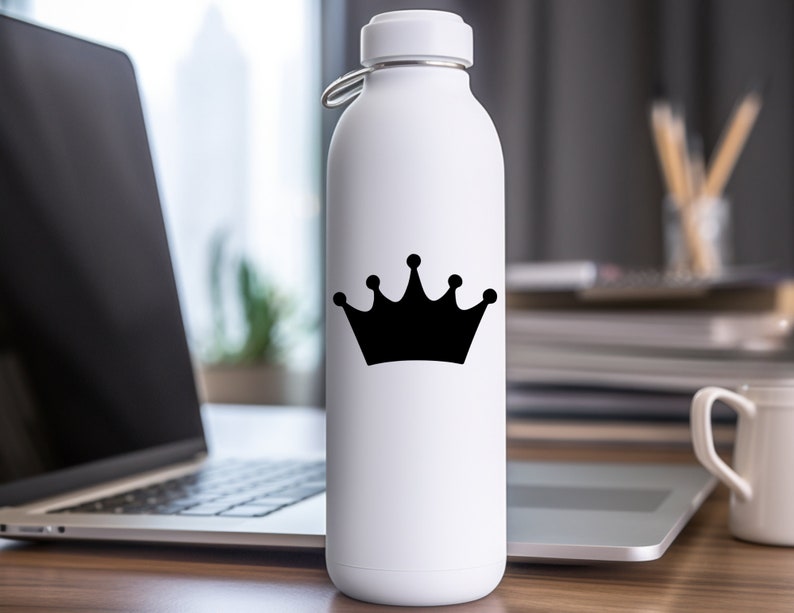 May include: White water bottle with a black crown design.