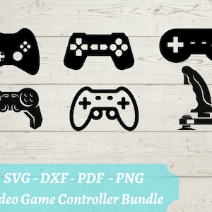 May include: A set of six black and white vector illustrations of different video game controllers. The controllers include a classic joystick, a modern gamepad, and a variety of other styles.