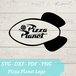 May include: Black and white logo design for Pizza Planet, a fictional restaurant from the movie Toy Story. The logo features a rocket ship with a pizza slice inside and the text "Pizza Planet" in a stylized font.