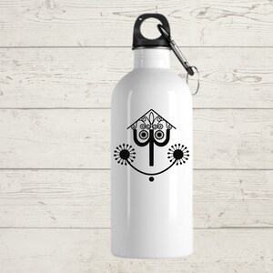 May include: White stainless steel water bottle with a black design of a stylized tree with a house-shaped canopy and two flowers on either side. The design is reminiscent of a popular theme park attraction.
