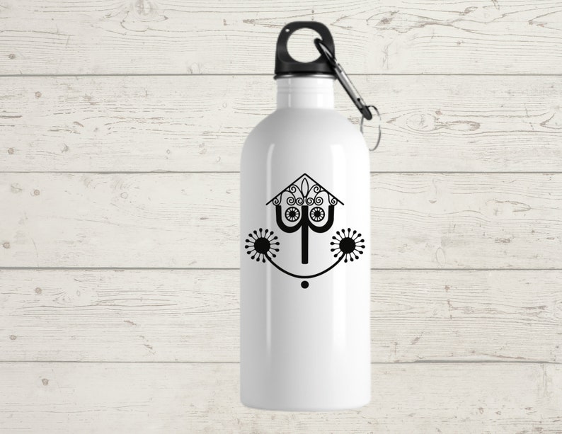 May include: White stainless steel water bottle with a black design of a stylized tree with a house-shaped canopy and two flowers on either side. The design is reminiscent of a popular theme park attraction.