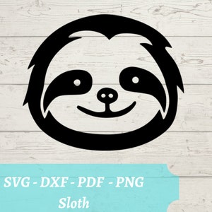May include: Black and white silhouette of a sloth's face with a happy expression. The image is on a white wood background with the text "SVG - DXF - PDF - PNG" and "Sloth" below the image.