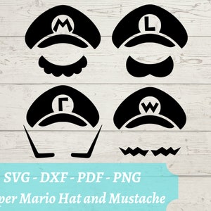 Mario - Luigi - Waluigi - Wario SVG File, Video Game Super Mario Bros Minimalistic Cap and Mustache, Download Digital File - dxf, pdf, png