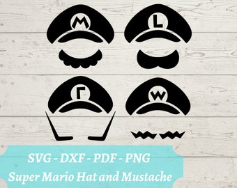 Mario - Luigi - Waluigi - Wario SVG File, Video Game Super Mario Bros Minimalistic Cap and Mustache, Download Digital File - dxf, pdf, png