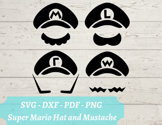 Mario - Luigi - Waluigi - Wario SVG File, Video Game Super Mario Bros Minimalistic Cap and Mustache, Download Digital File - dxf, pdf, png