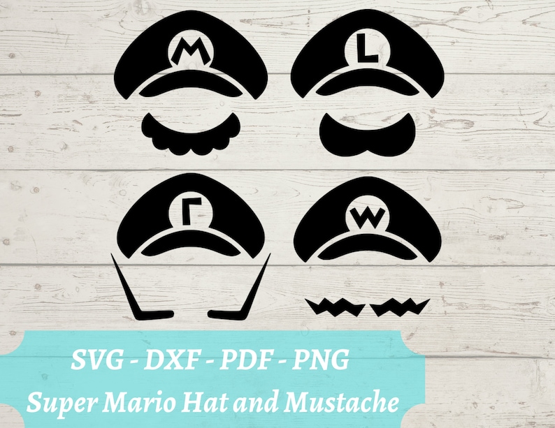 Mario - Luigi - Waluigi - Wario SVG File, Video Game Super Mario Bros Minimalistic Cap and Mustache, Download Digital File - dxf, pdf, png image 1